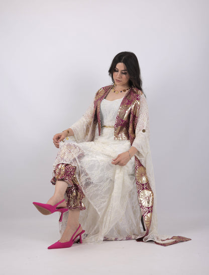 🩷 Zerin Collection – 5-Piece Kurdish Dress Set (Golden, Maroon Off-White)