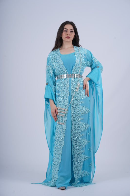 Kurdish Newroz dress turquoise with crystal embroidery and chiffon, 3-piece traditional outfit