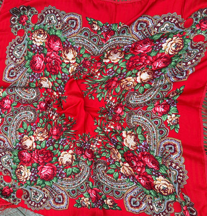 Elegant Red Floral Scarf | 110x110 cm | Luxurious Soft Touch with Tassels