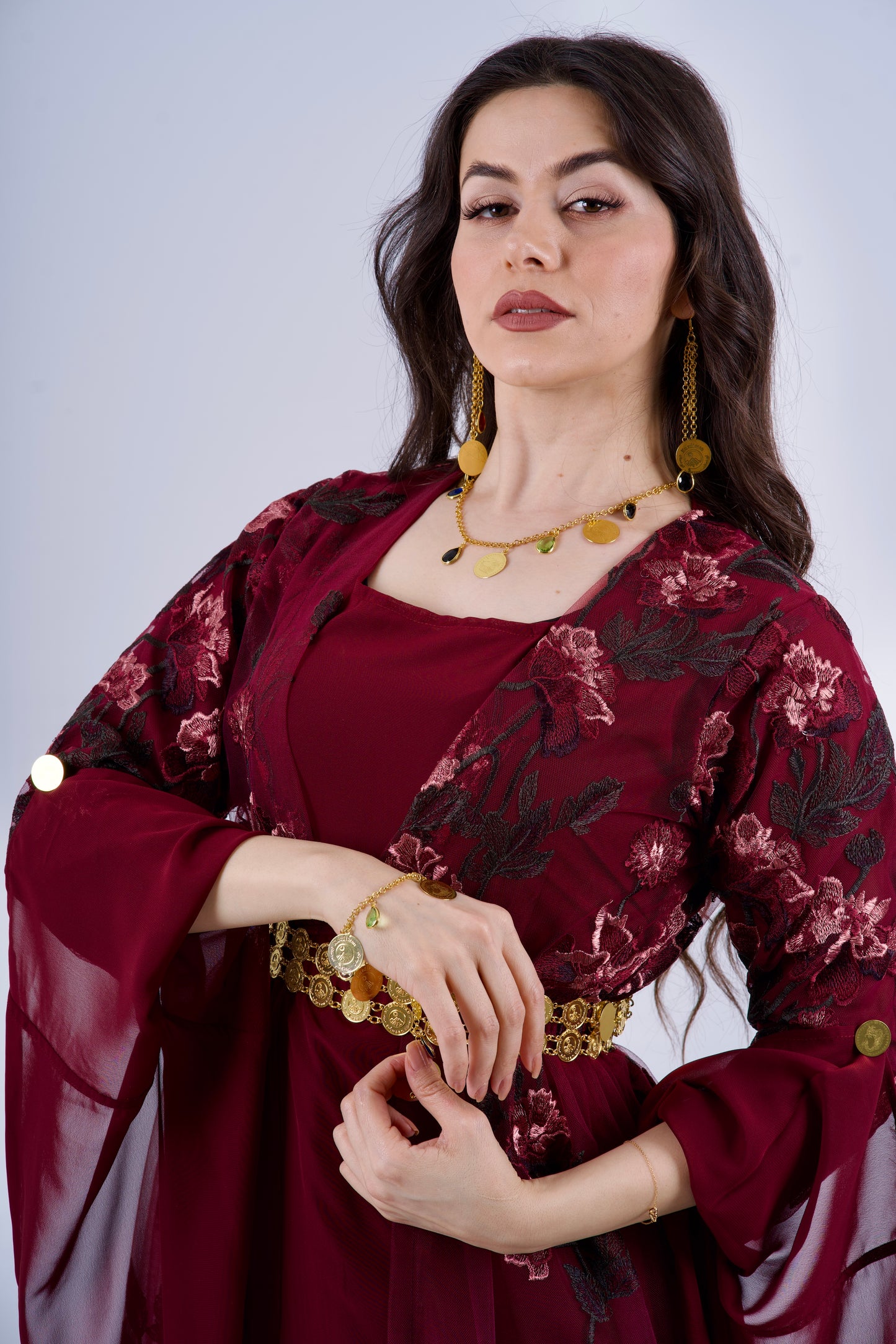 Badini KurdishDress– Burgundy with Dark Green Flowers