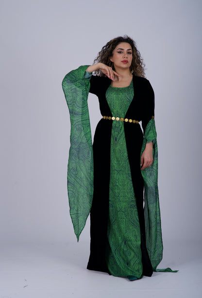 Green Silk Satin Kurdish Dress – Elegant & Traditional Design