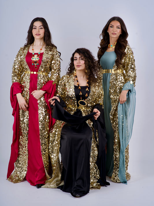 Golden Mixed size Sequins Kawa – Elegant Kurdish Kaftan | Traditional Kurdish Dress- 1 item