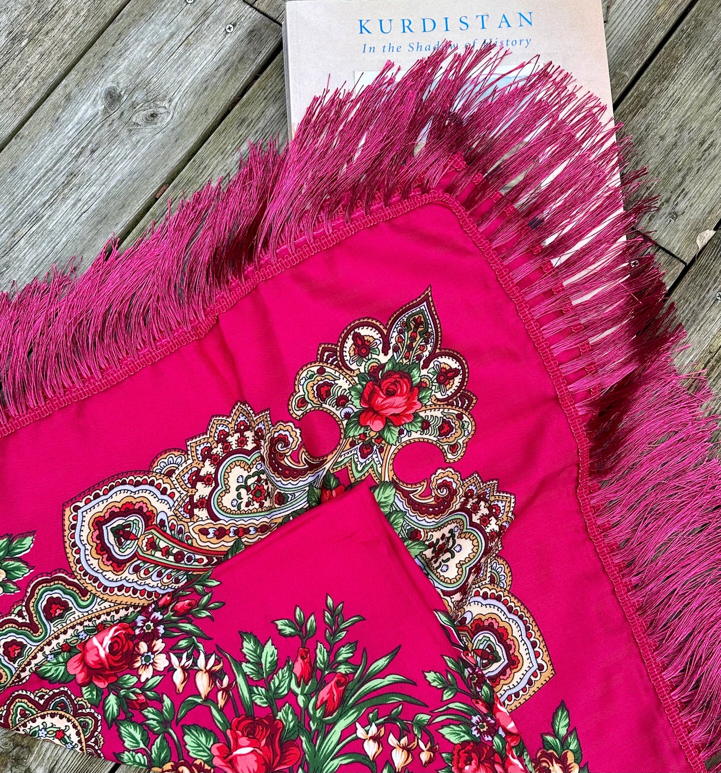 Hot Pink Floral Scarf | 110x110 cm | Luxurious Soft Touch with Tassels