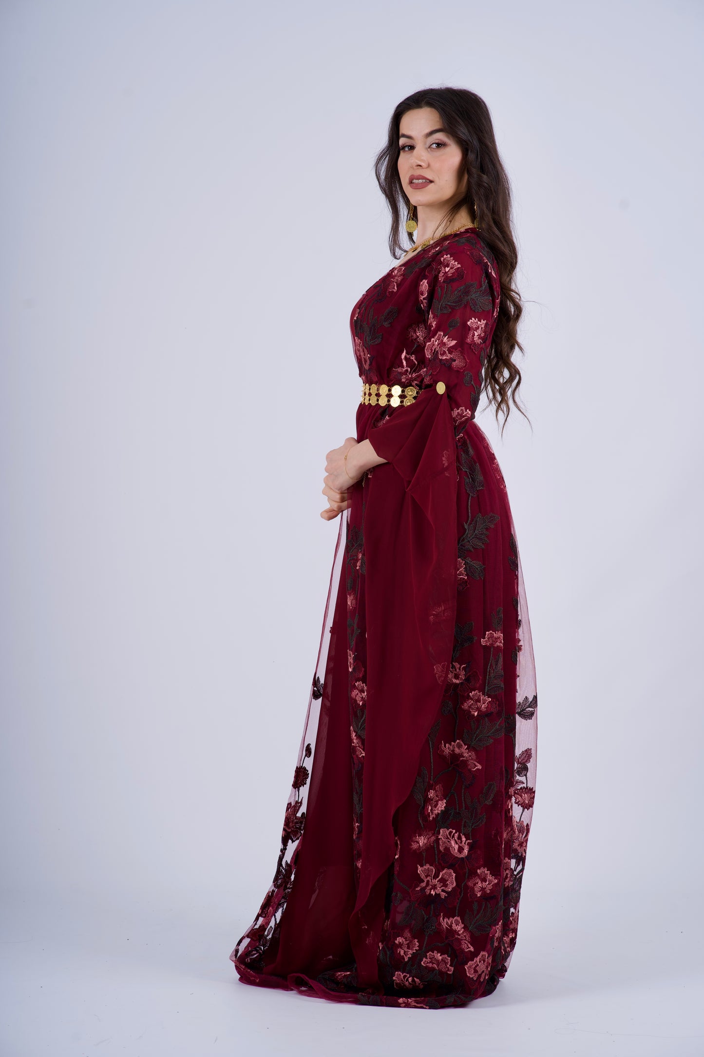 Badini KurdishDress– Burgundy with Dark Green Flowers