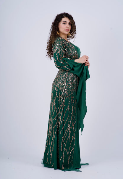 Elegant Green Kurdish Dress – Golden & Crystal Embroidery | Perfect for Newroz & Henna Nights