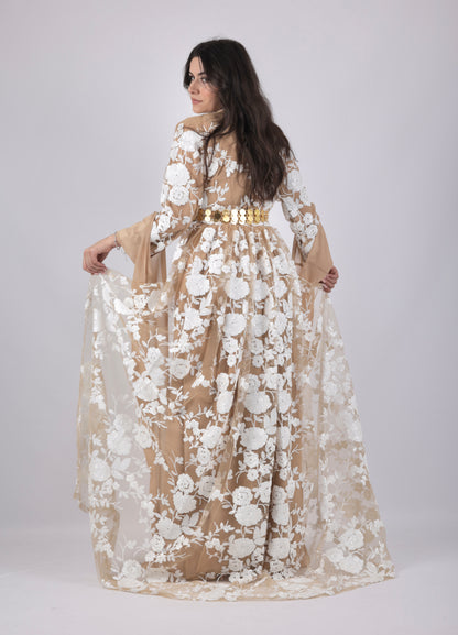 Dildar Badini Kurdish Dress pearl white with Nude