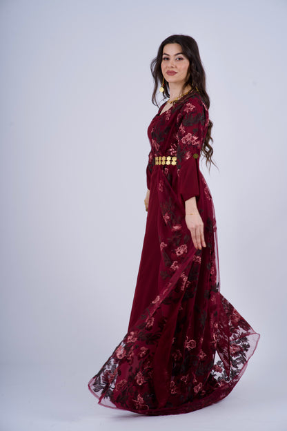 Badini KurdishDress– Burgundy with Dark Green Flowers