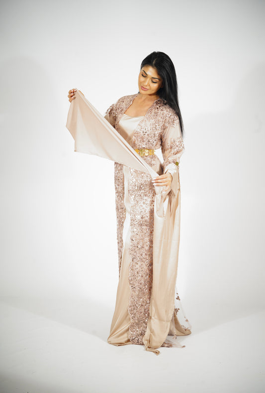 Dilber Collection – 2-Piece Kurdish Dress in Café | Elegant Satin with Embroidery