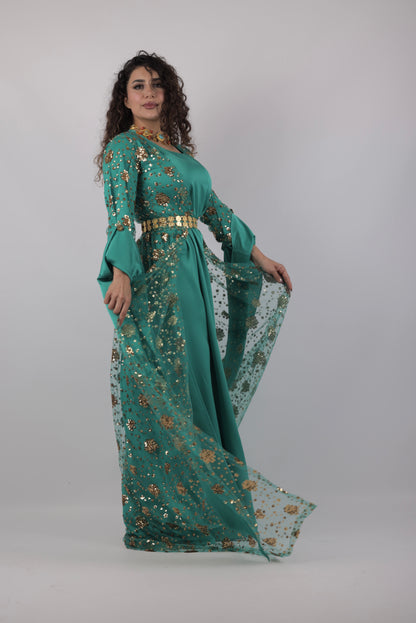 Chro Collection –Badini Model Green Kurdish Dress with Golden Flowers (Badini Model, Celebrity Style) 2 items