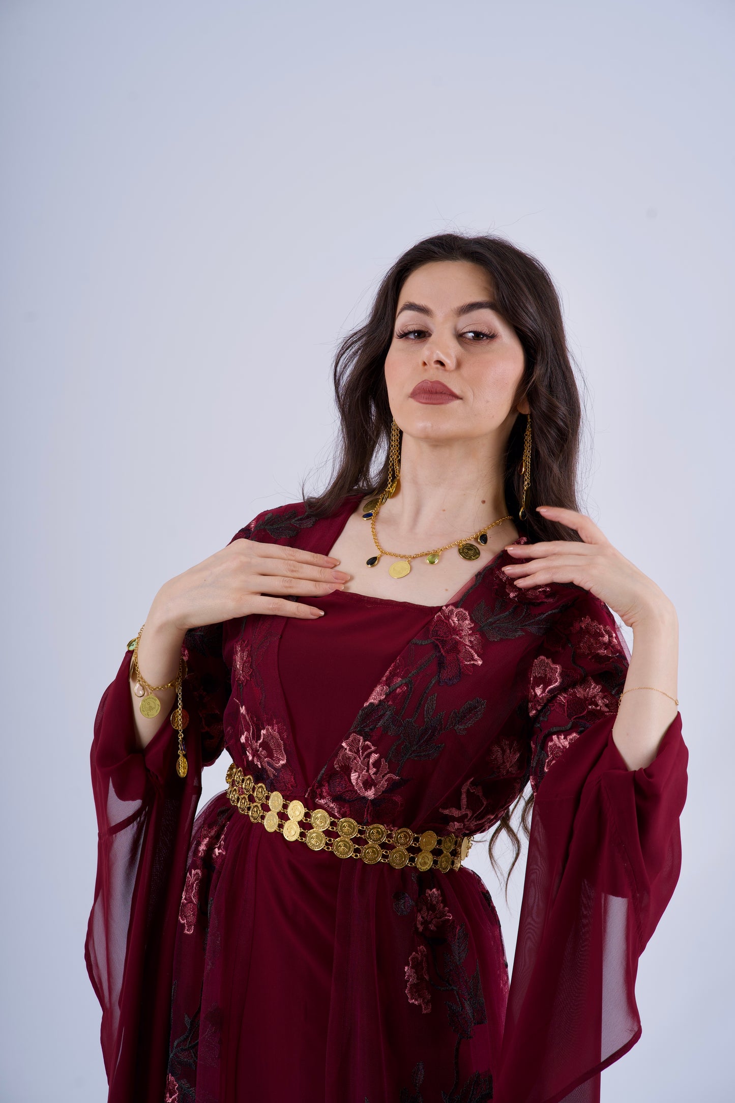 Badini KurdishDress– Burgundy with Dark Green Flowers