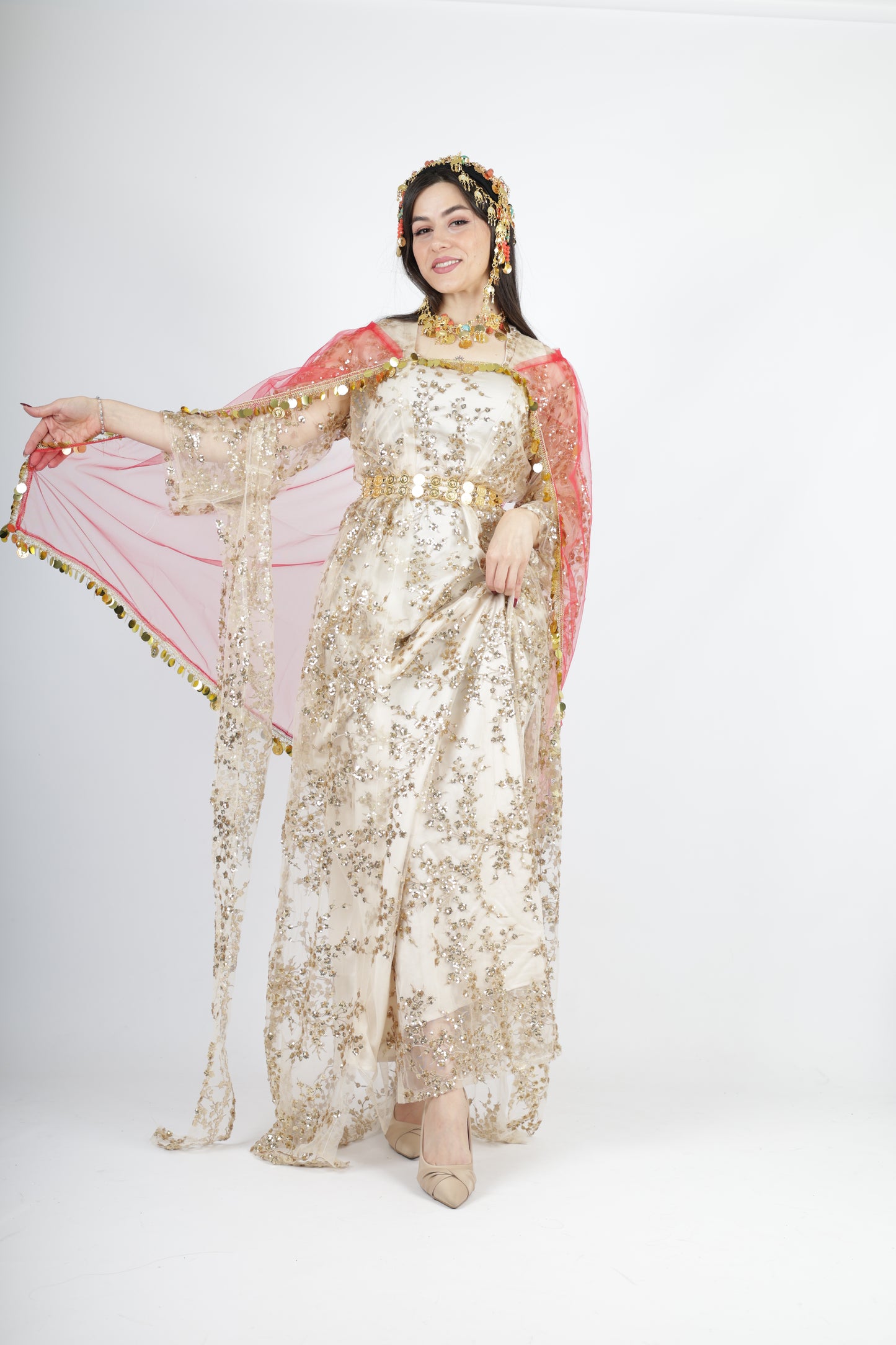 Shkofa Collection – Gold Sequin Embroidered Kras & Kawa and Red Kolwane