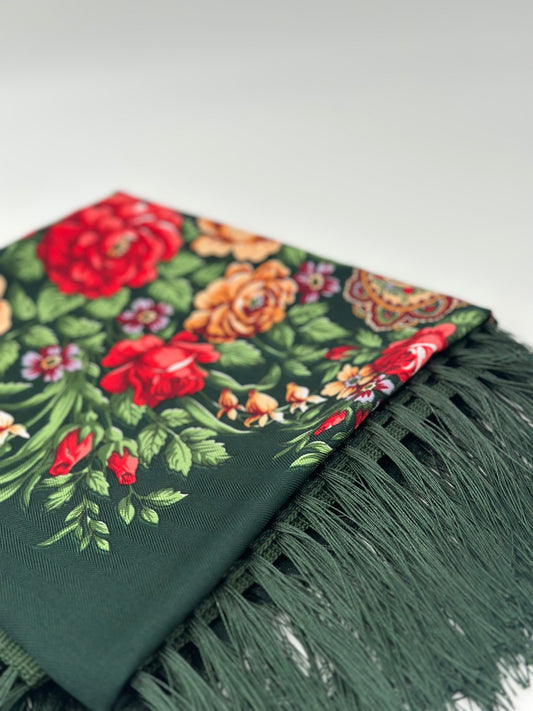 Eleganter dunkelgrüner Blumenschal | 110 x 110 cm | Luxuriöser weicher Griff mit Quasten
