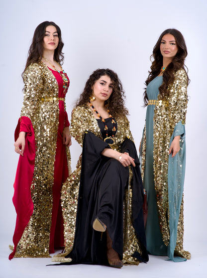 Golden Mixed size Sequins Kawa – Elegant Kurdish Kaftan | Traditional Kurdish Dress- 1 item