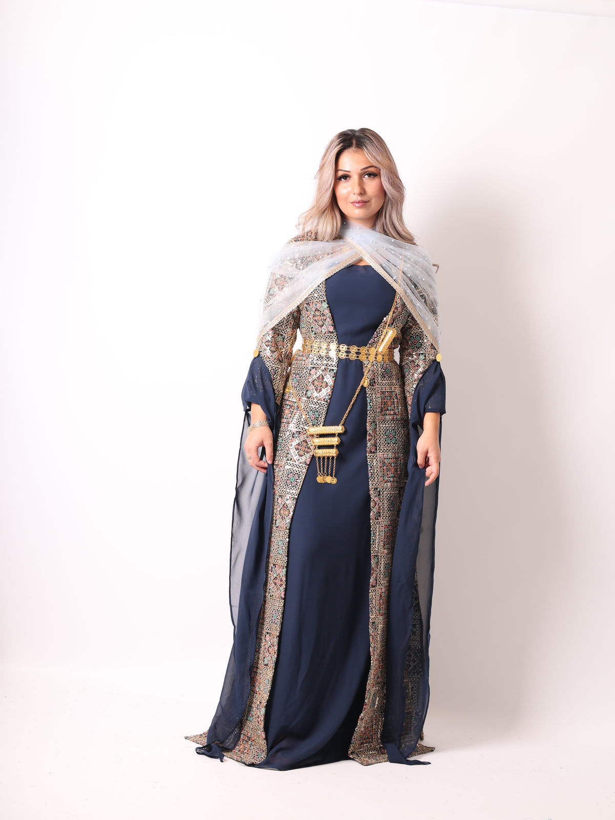 Judi/Cudi Kurdish Dress Navy blue  – Luxury Embroidered 4-Piece Se  Including Dasmal