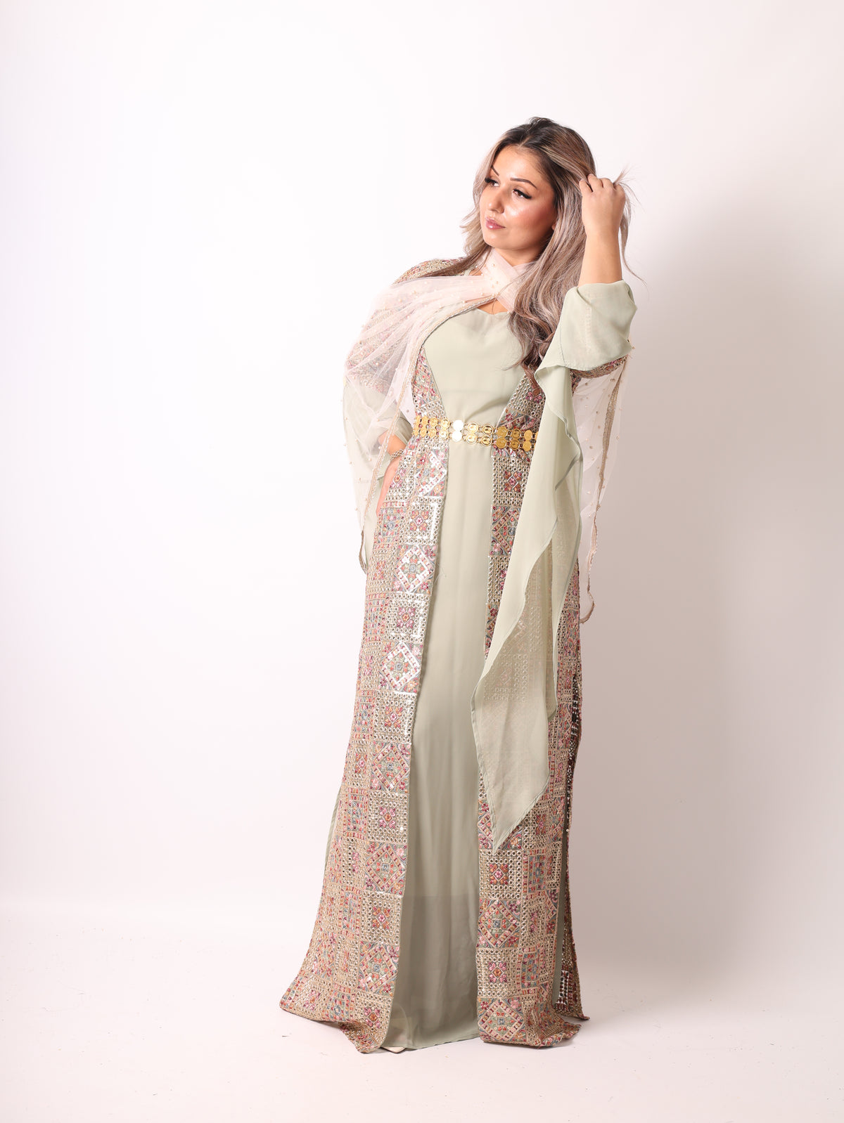 Cudi/Judi Kurdish Dress Green – Luxury Embroidered 4 -Piece Set Mint green including Dasmal