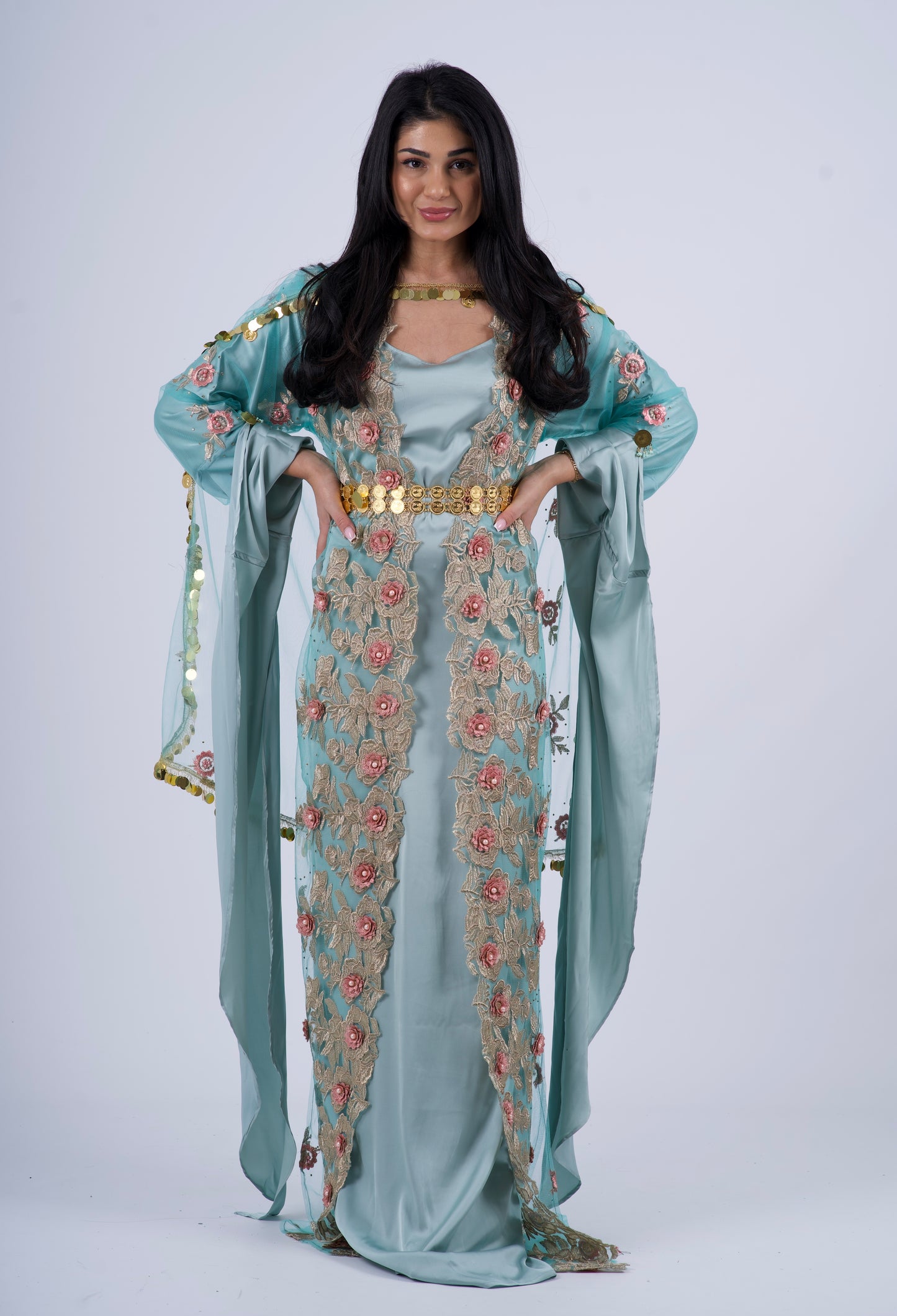 Turquoise Elegant 3-Piece Kurdish Clothing Set – Kawa, Kiras & Kolwane Golperîn