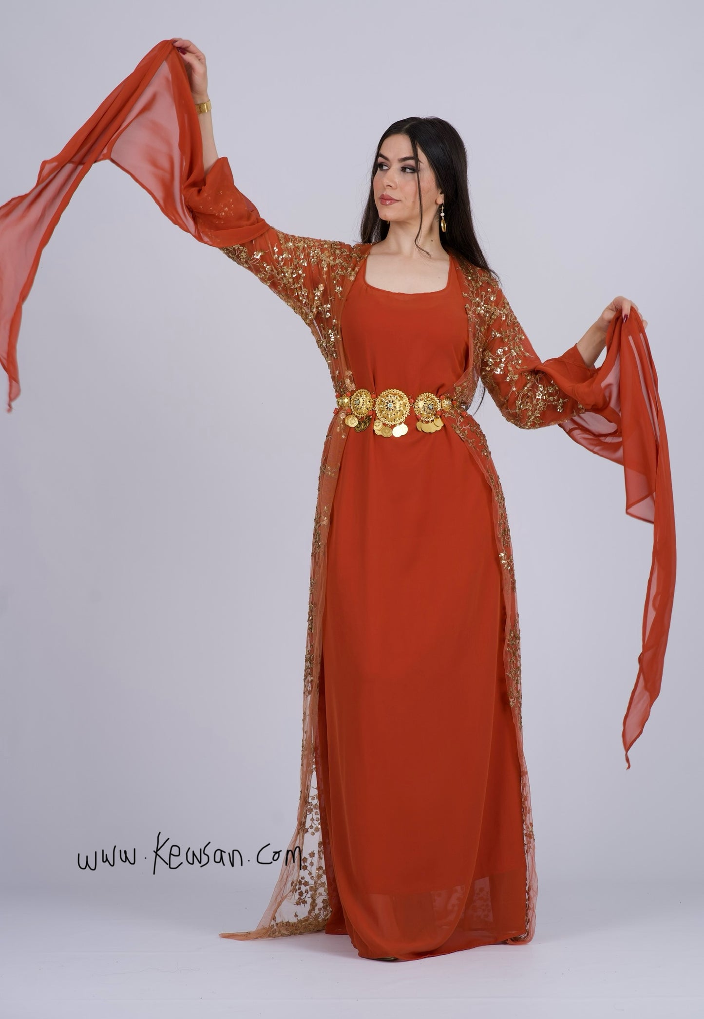 Shkofa – Elegant Kurdish Dress with Golden Sequins Embroidery