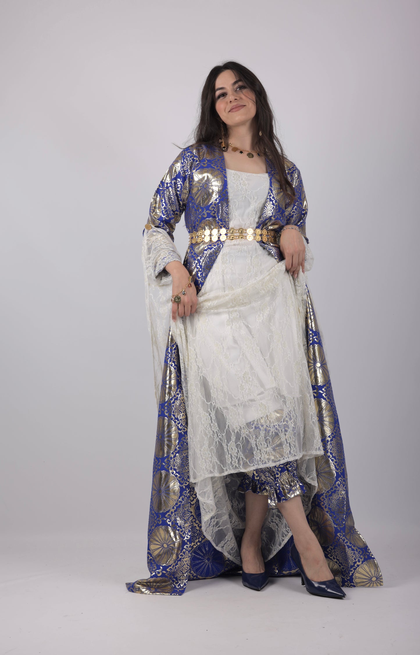 💙Hafse Xan Collection – 4-Piece Kurdish Dress Set (Golden, Carbon Blue Off-White)