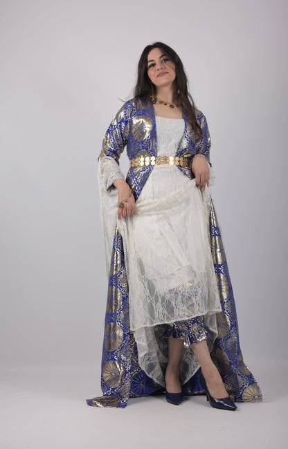 💙Hafse Xan Collection – 4-Piece Kurdish Dress Set (Golden, Carbon Blue Off-White)