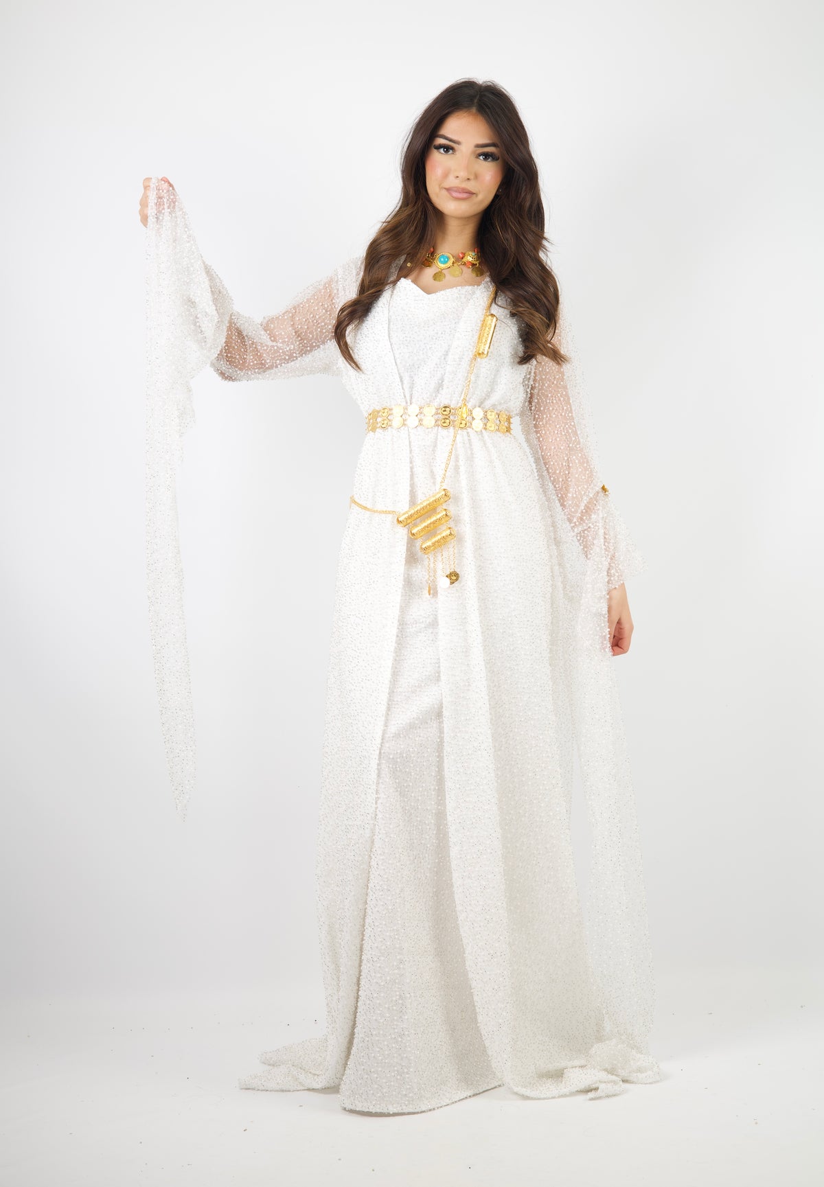 White pearls Luxury Kurdish Dress for Bride