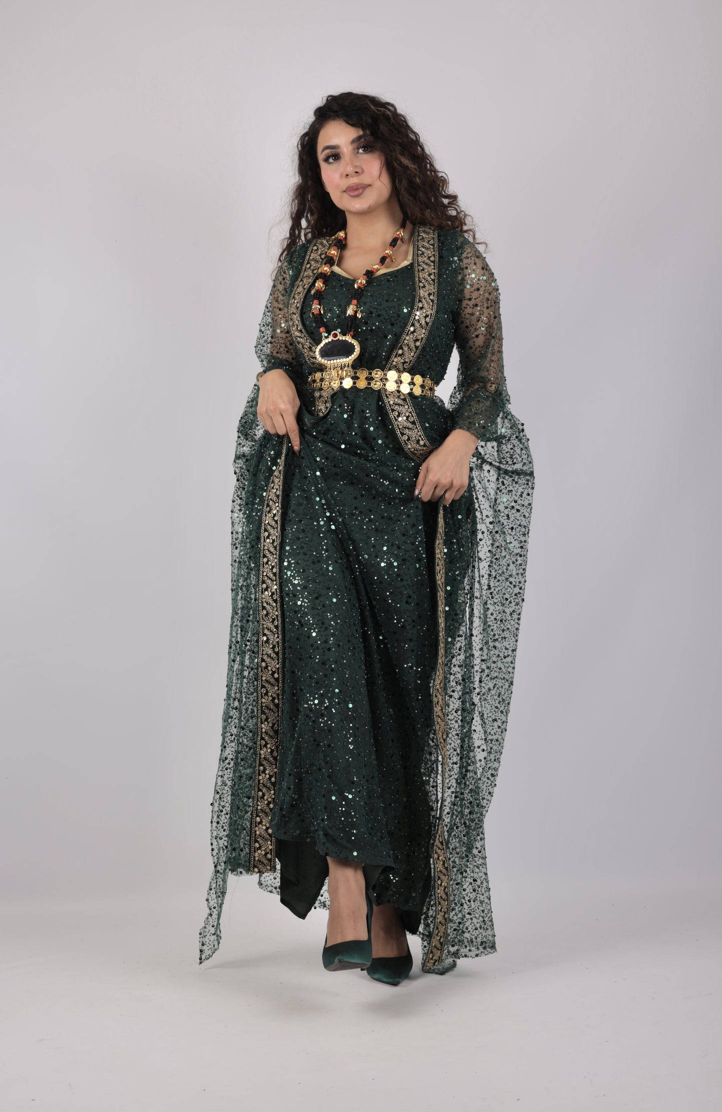 🌿 Dark Green Kurdish Kawa Dress with Embroidery (Includes Kras & Underdress