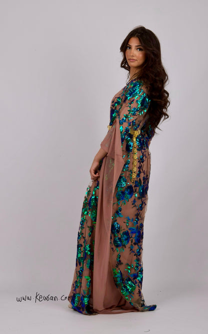 "Elegant Dildar Green/Blue Kurdish dress showcasing intricate Kurdish embroidery