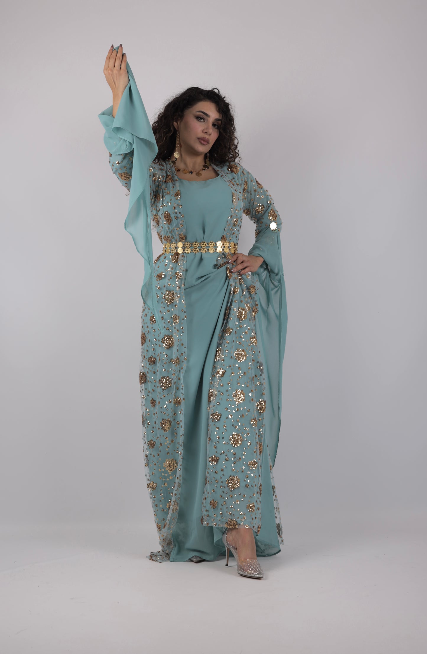 Chro Collection – Sky Blue Kurdish Dress with Golden Sequin Flowers ( 3 items)