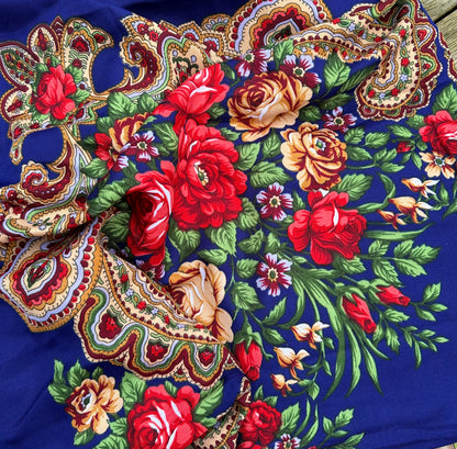 Royal Blue Floral Scarf | 110x110 cm | Luxurious Soft Touch with Tassels