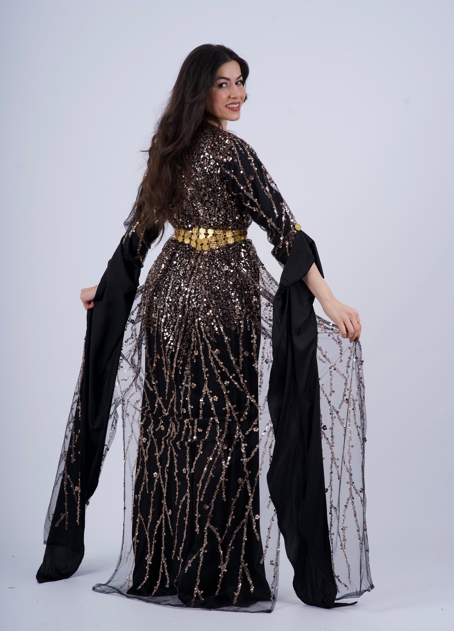 Newroz Kurdish Dress – Black & Gold Sequin Embroidery with Adjustable Satin Silk Kiras