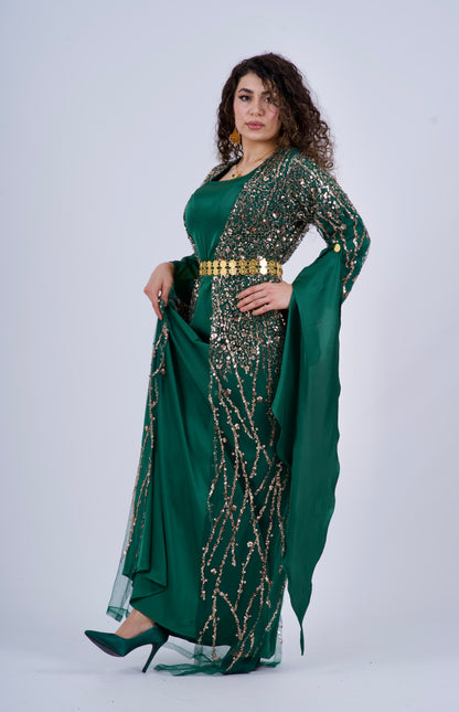 Elegant Green Kurdish Dress – Golden & Crystal Embroidery | Perfect for Newroz & Henna Nights