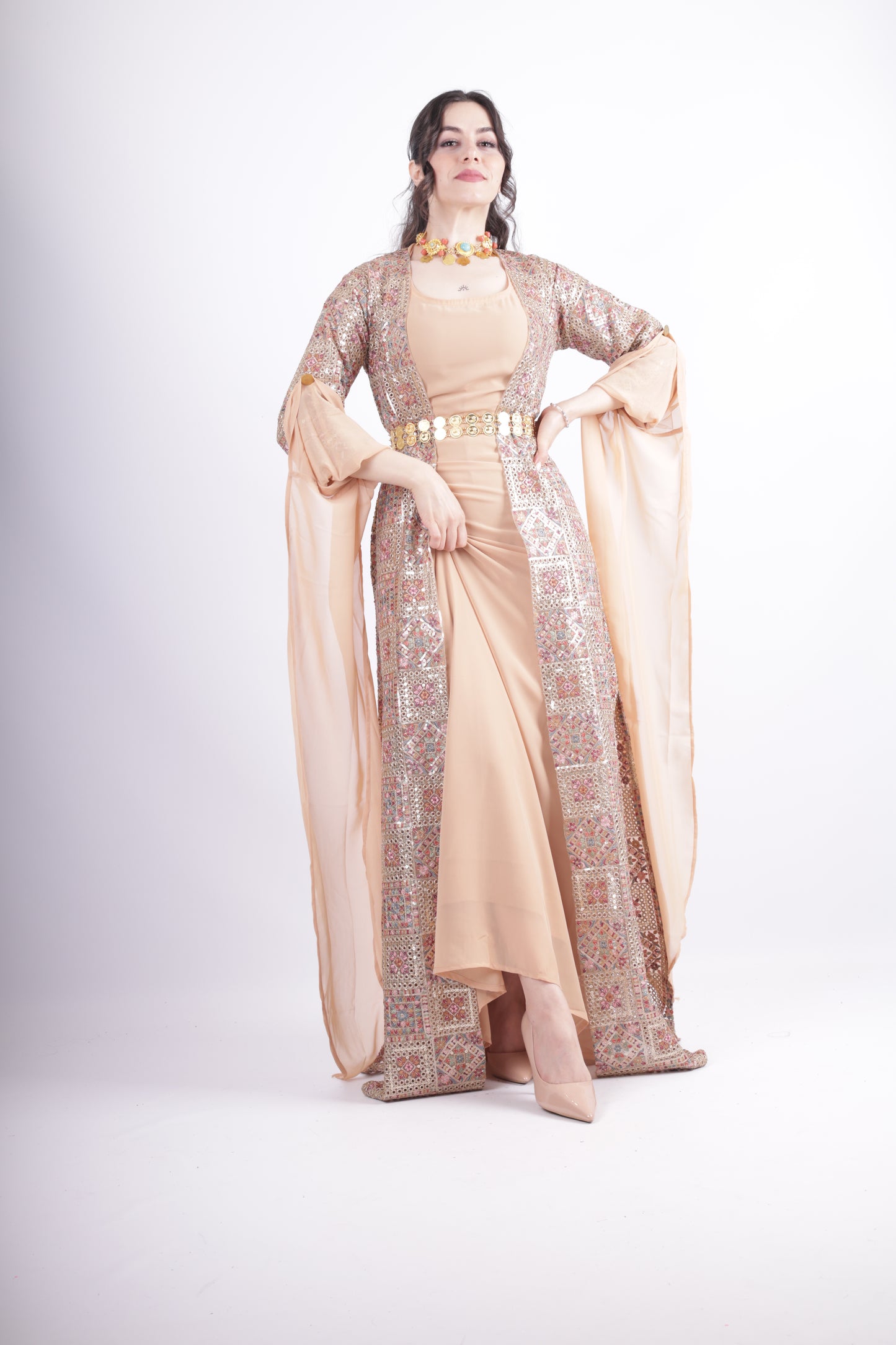 Cudi Kurdish Dress Green – Luxury Embroidered 3-Piece Set Mint green peach