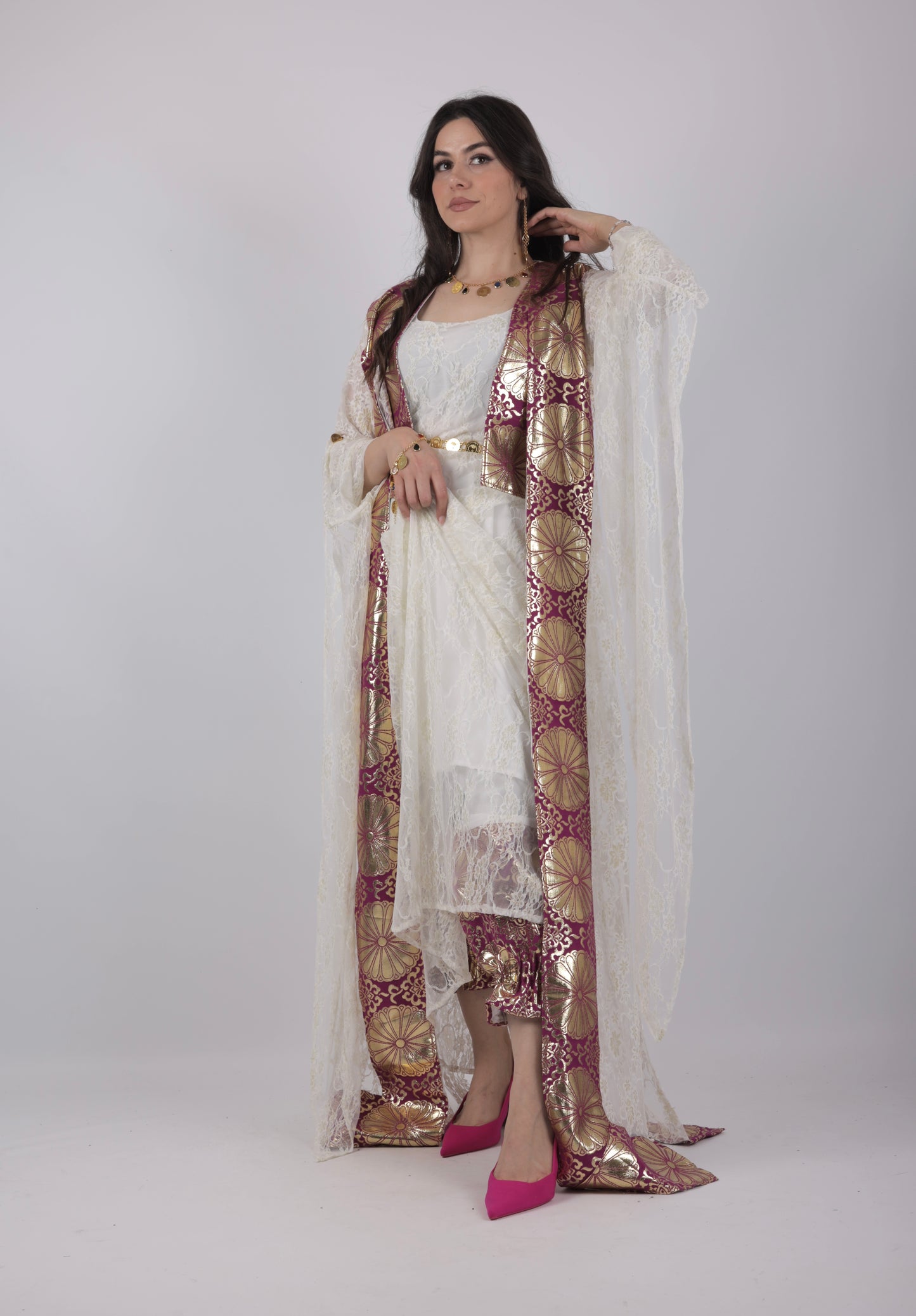 🩷 Zerin Collection – 5-Piece Kurdish Dress Set (Golden, Maroon Off-White)