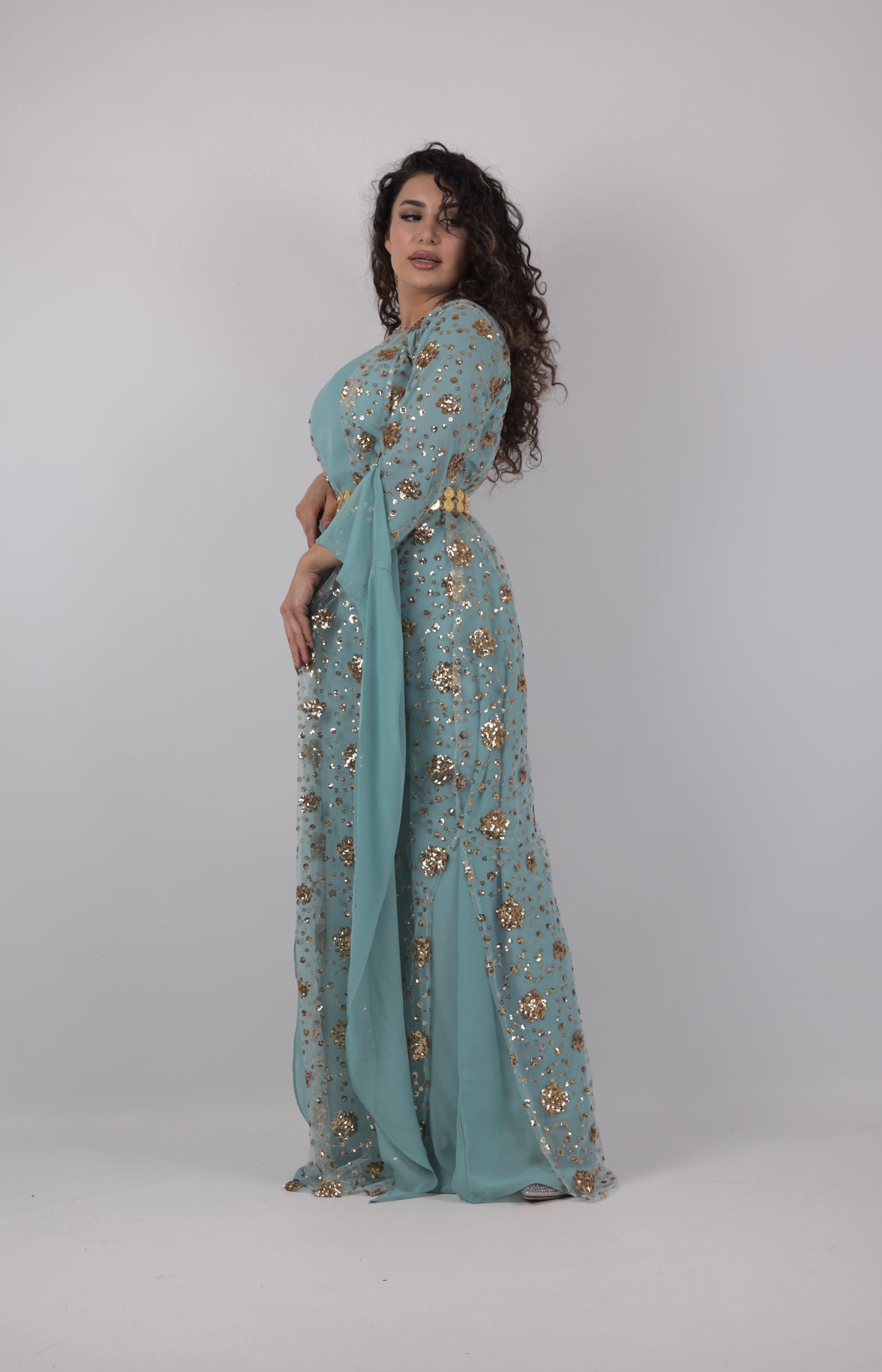 Chro Collection – Sky Blue Kurdish Dress with Golden Sequin Flowers ( 3 items)