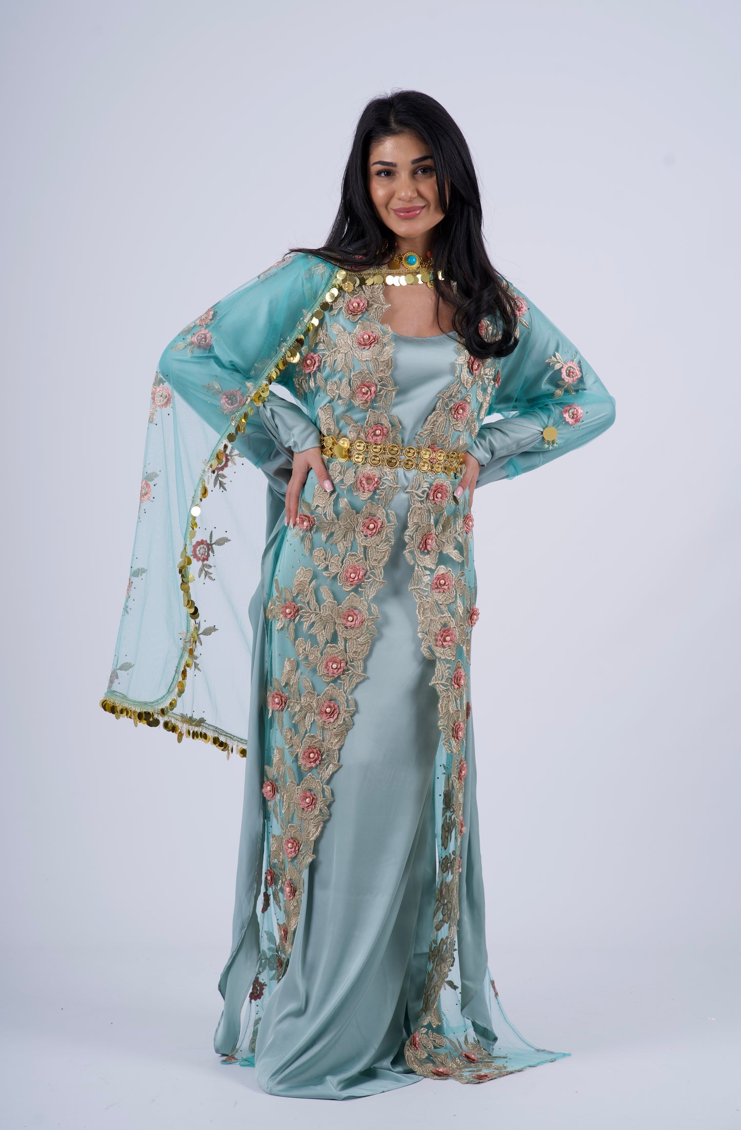 Turquoise Elegant 3-Piece Kurdish Clothing Set – Kawa, Kiras & Kolwane Golperîn