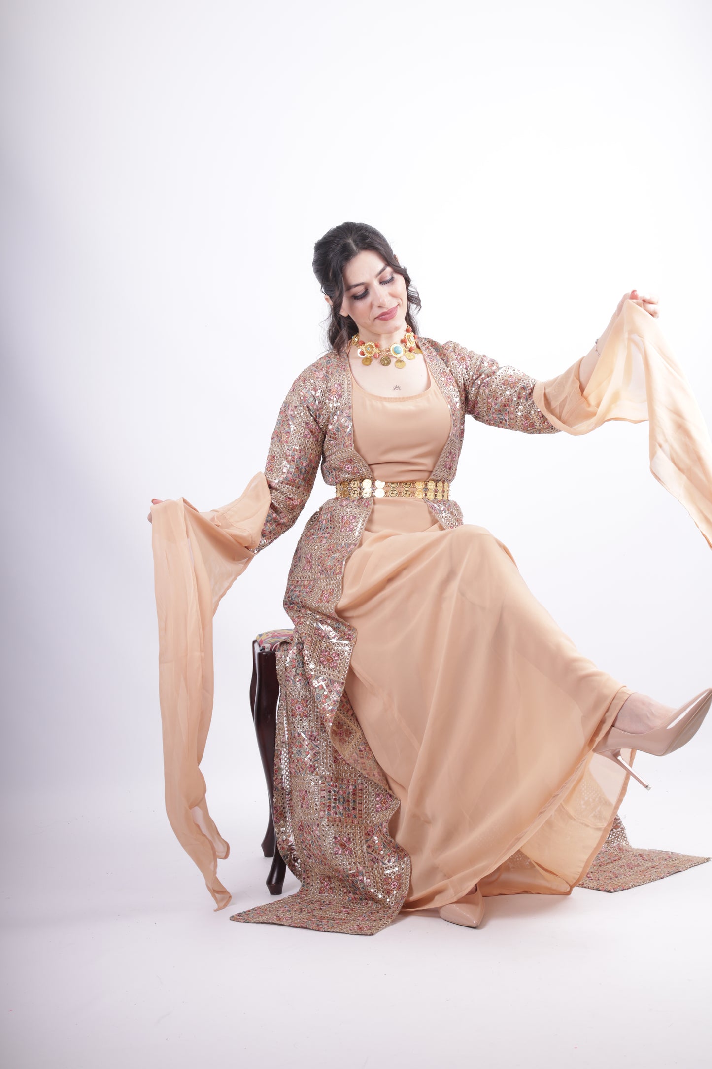 Cudi Kurdish Dress Green – Luxury Embroidered 3-Piece Set Mint green peach