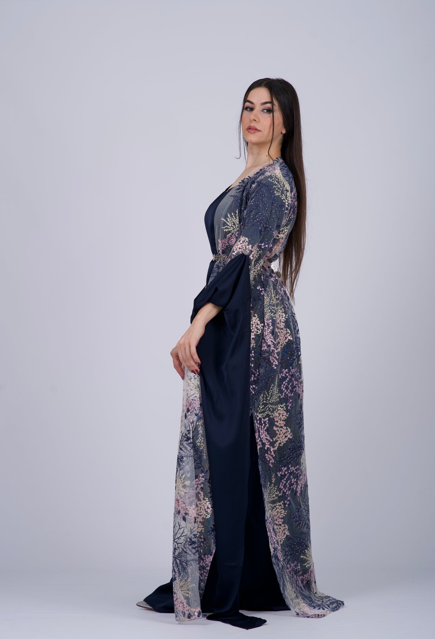 Baxan Collection Navy blue – Elegant Mesh Embroidered Kurdish Dress with Satin Silk Kiras