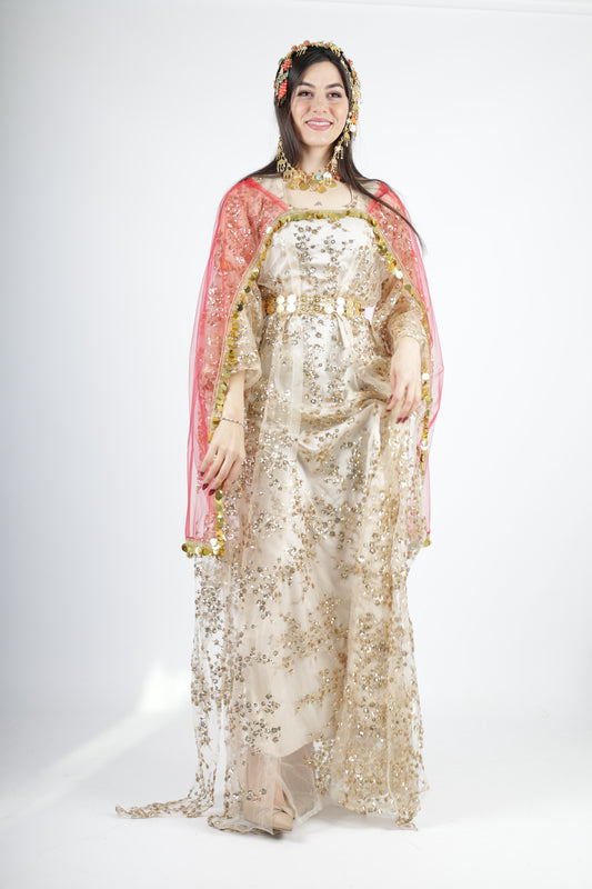 Shkofa Collection – Gold Sequin Embroidered Kras & Kawa and Red Kolwane