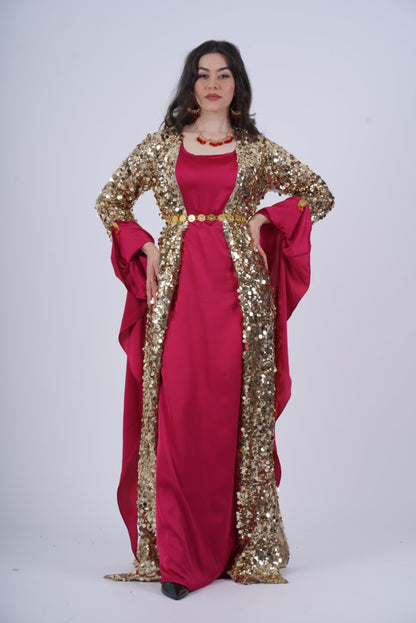 Golden Mixed size Sequins Kawa – Elegant Kurdish Kaftan | Traditional Kurdish Dress- with Kiras  RED Burgundy 2 items