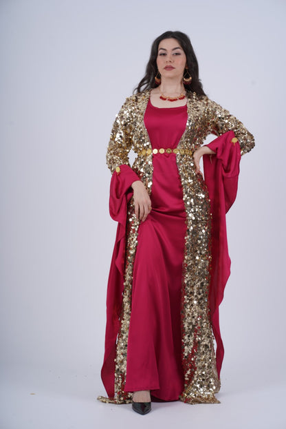 Golden Mixed size Sequins Kawa – Elegant Kurdish Kaftan | Traditional Kurdish Dress- with Kiras  RED Burgundy 2 items