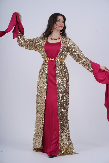 Golden Mixed size Sequins Kawa – Elegant Kurdish Kaftan | Traditional Kurdish Dress- 1 item