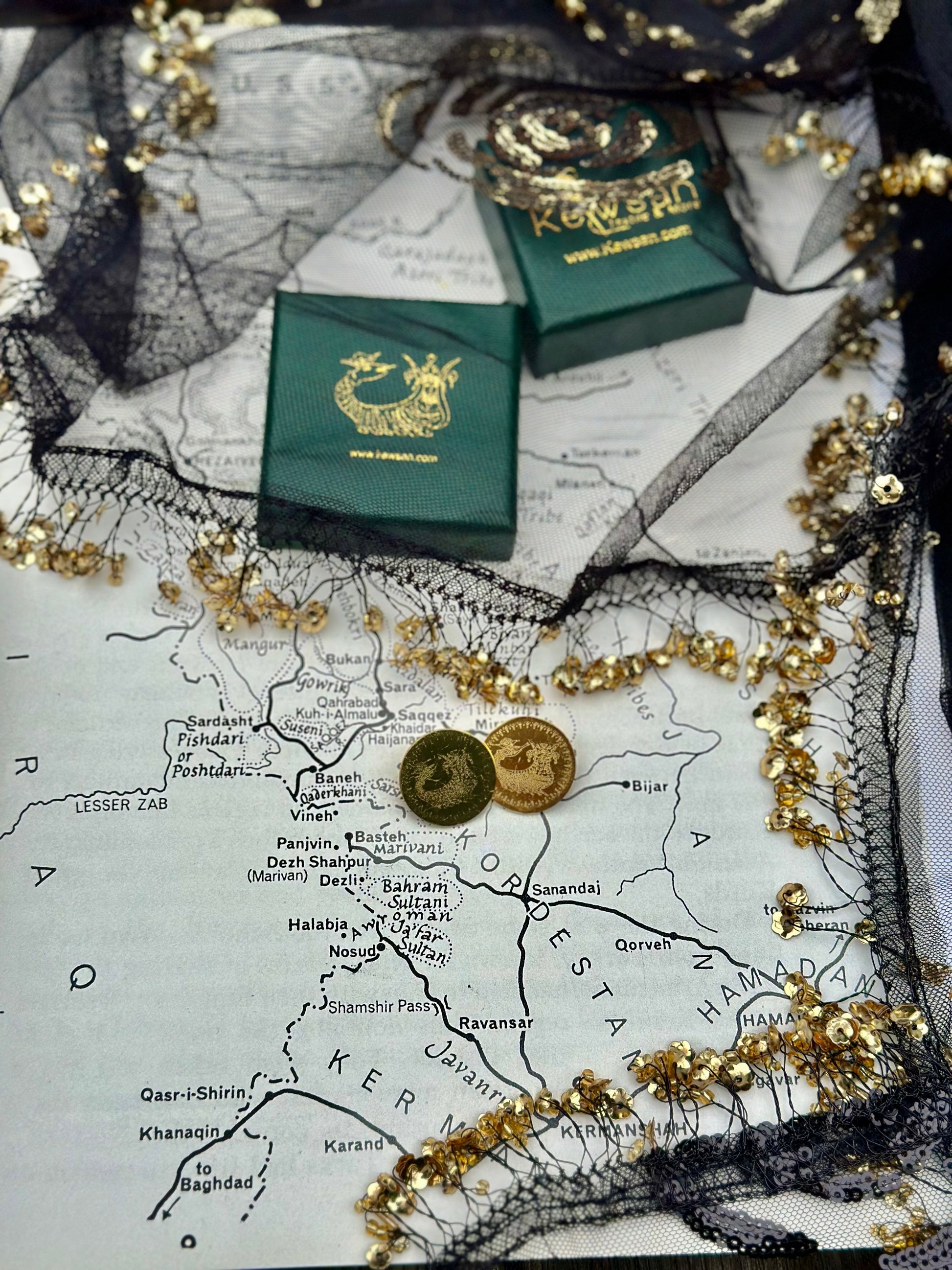 Golden Shahmaran Brooch styled on a traditional Kurdish dress, adding elegance and cultural significance.