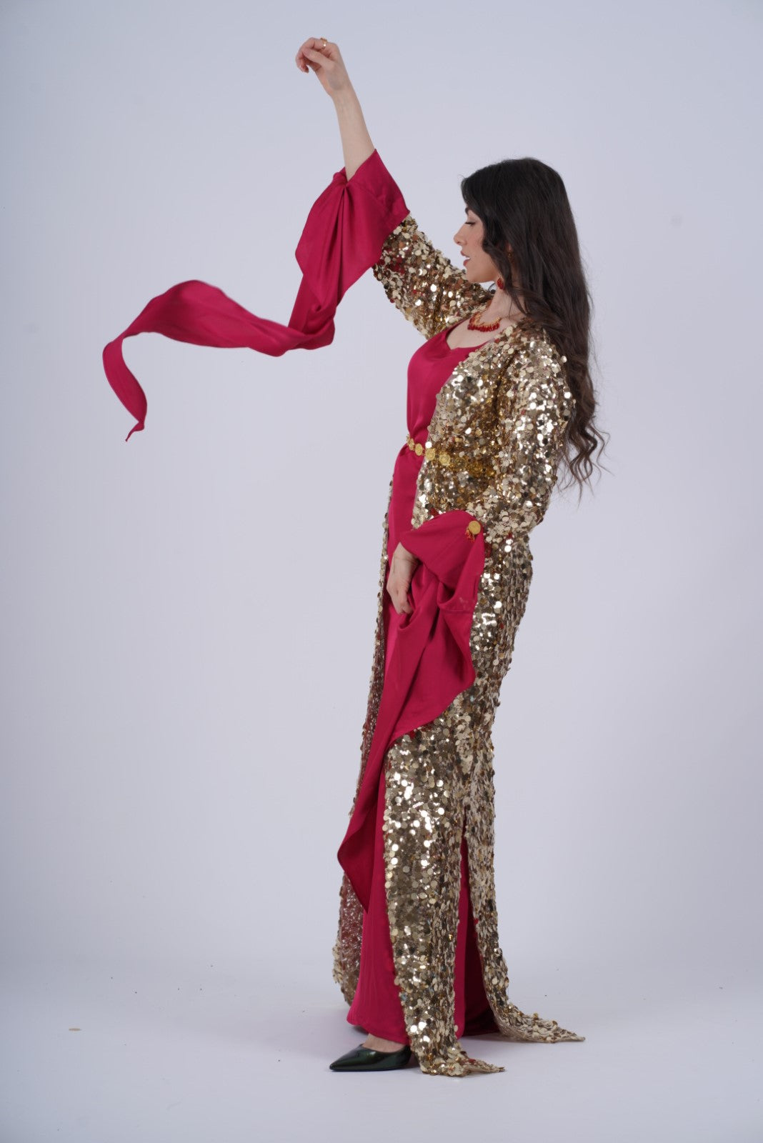 Golden Mixed size Sequins Kawa – Elegant Kurdish Kaftan | Traditional Kurdish Dress- with Kiras  RED Burgundy 2 items