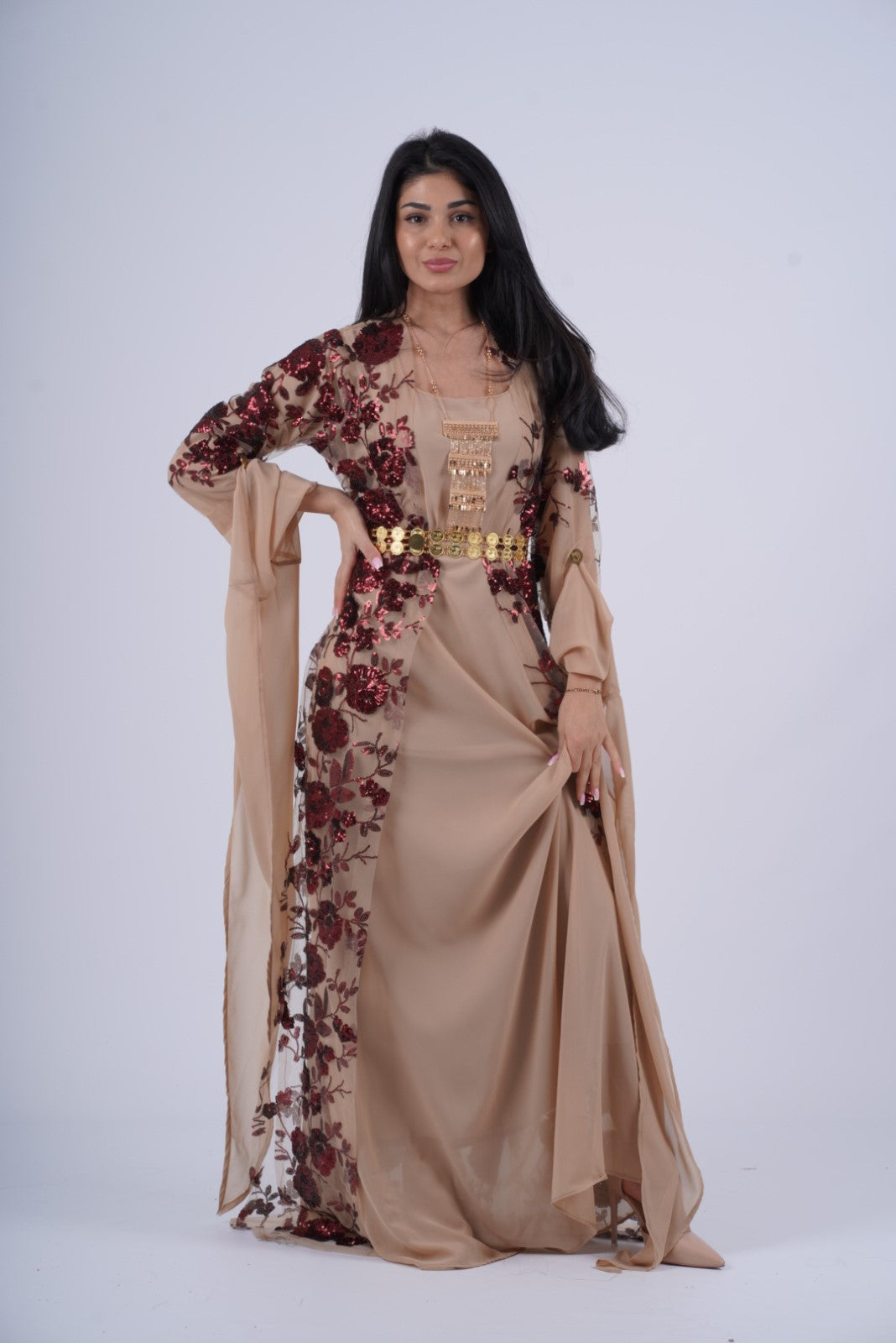 Elegant Nude Kurdish Dress – 3-Piece Traditional Kurdish Wedding Outfit ...
