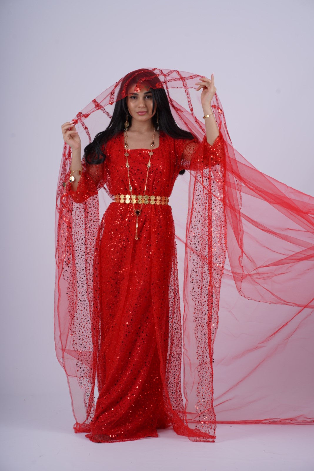 Red Crystal & Pearl Complete Set – Luxury Kurdish Dress with Long Embroidered Vei