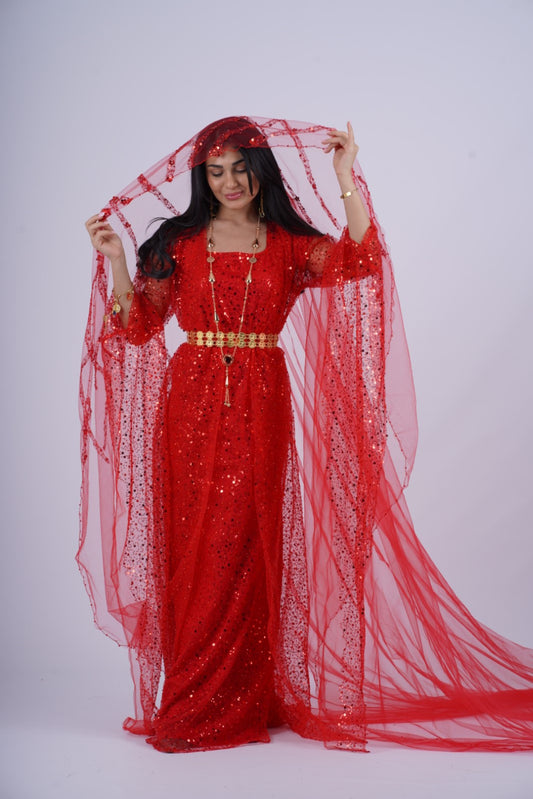 Red Crystal & Pearl Complete Set – Luxury Kurdish Dress with Long Embroidered Vei