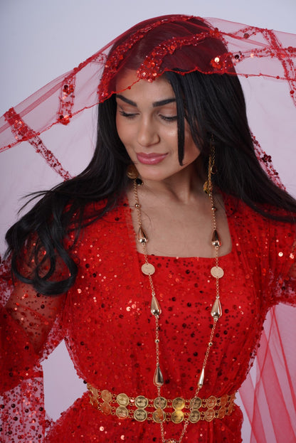 Red Crystal & Pearl Complete Set – Luxury Kurdish Dress with Long Embroidered Vei