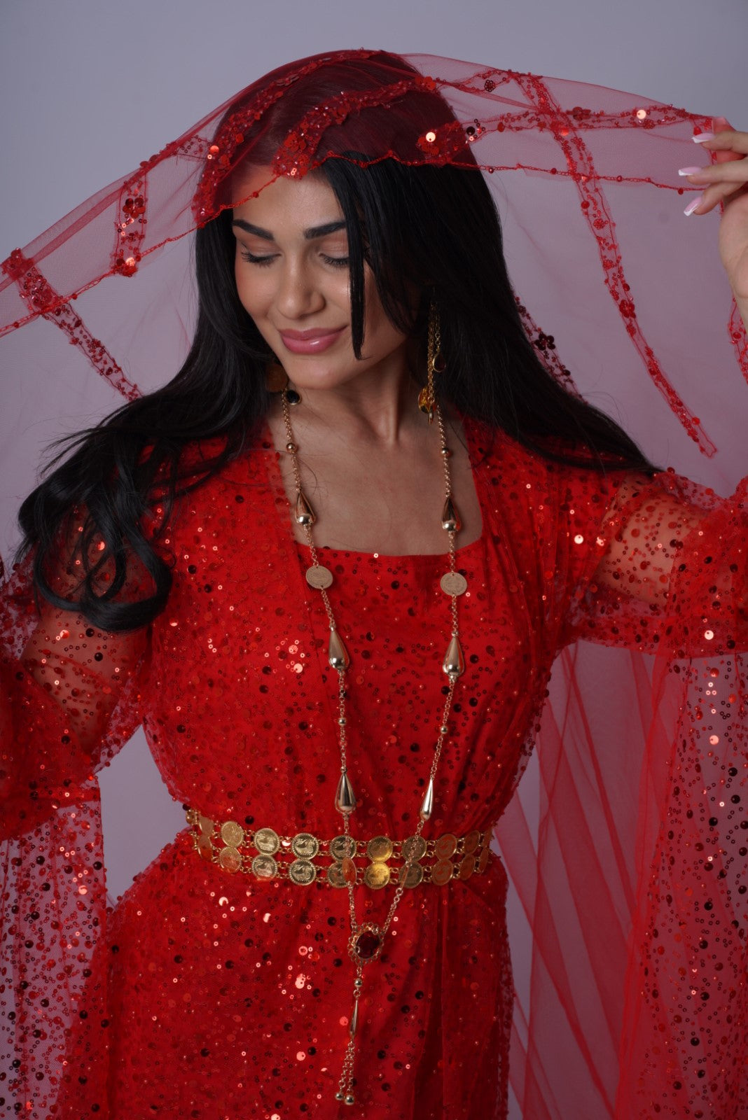 Red Crystal & Pearl Complete Set – Luxury Kurdish Dress with Long Embroidered Vei