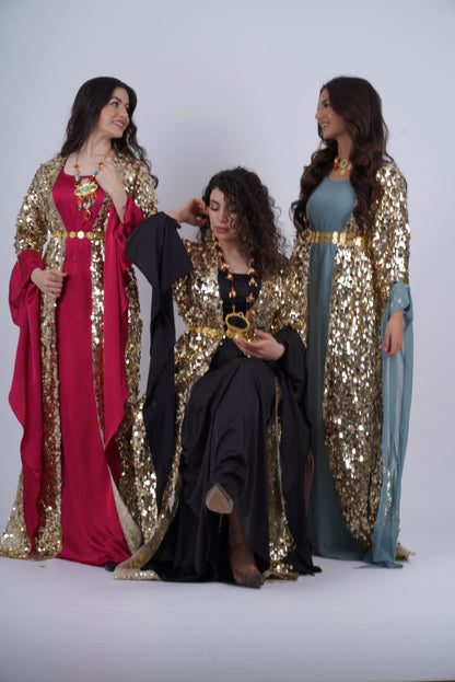 Golden Mixed size Sequins Kawa – Elegant Kurdish Kaftan | Traditional Kurdish Dress- with Kiras Black 2 items