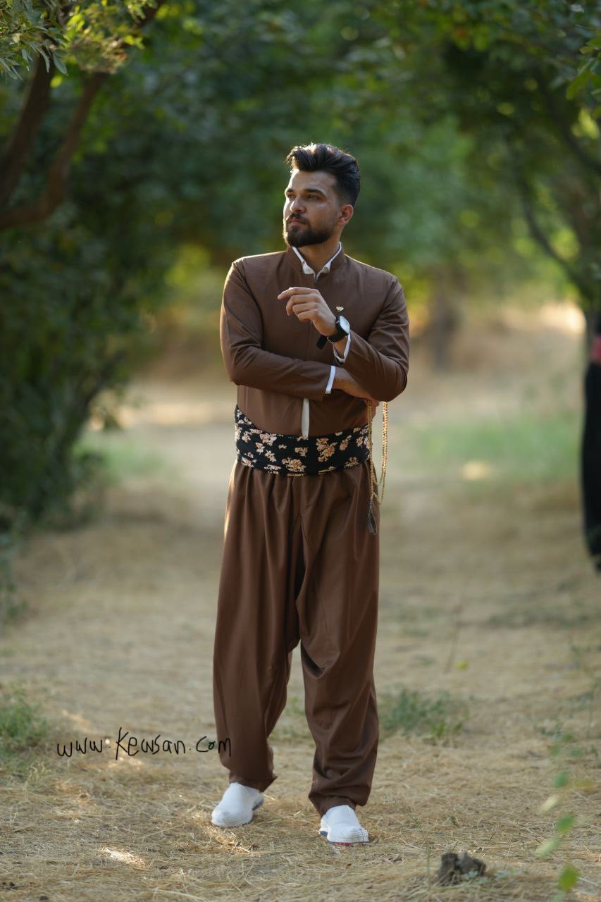 Tailored Camel Brown Kawa coat for Kurdish men, showcasing traditional craftsmanship and modern fit, ideal for weddings and kurdish cultural events.