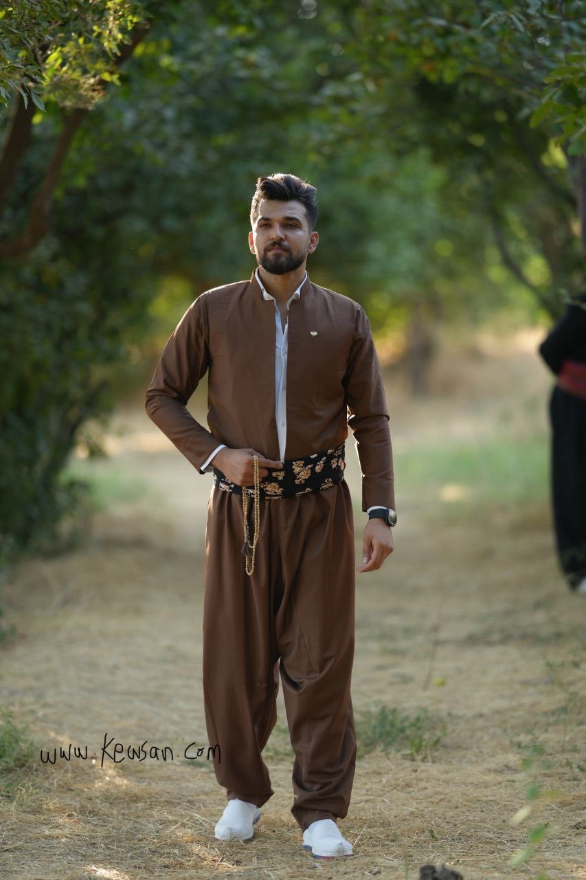 Camel Brown Pantol pants for Kurdish men, expertly tailored from premium fabric for comfort and style, perfect for weddings and Newroz celebrations.